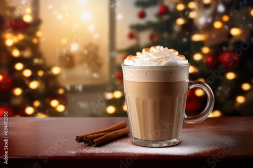 Christmas cappuccino on a background of Christmas trees. AI generative.