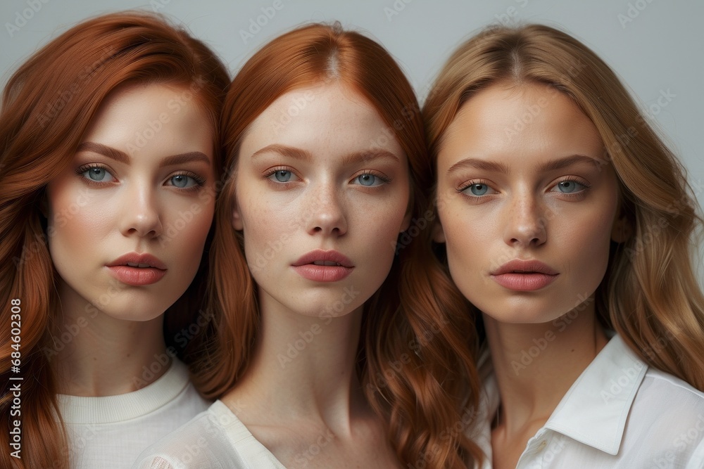 Close-up portrait of a beautiful blonde, redhead woman with a natural appearance and makeup on a white background. Beauty, youth, advertising cream, shampoo, contact lenses, cosmetics concepts. Close-up portrait of a beautiful blonde, redhead woman with a natural appearance and makeup on a white background. Beauty, youth, advertising cream, shampoo, contact lenses, cosmetics concepts.