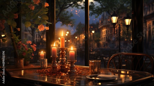 Burning candles decorate the table in a cozy cafe in the evening. Evening romantic dinner in a restaurant with copy space