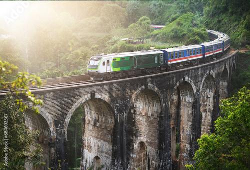 Fototapeta Naklejka Na Ścianę i Meble -  Blue train goes through jungle. Nine arch bridge, Demodara, Sri Lanka. Old bridge in Ceylon. Nine Arches Bridge from above, Sri Lanka.