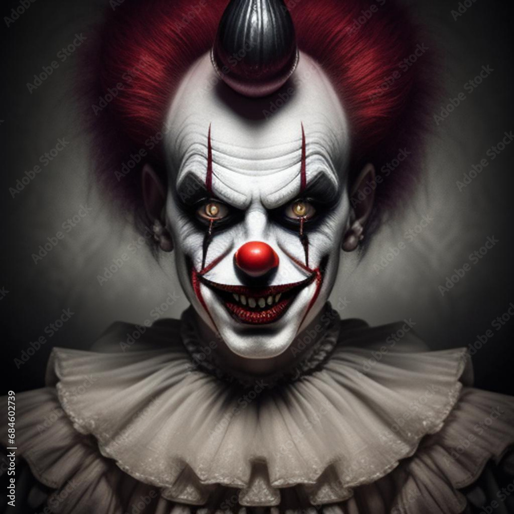 Atmospheric portrait of a sinister scary whiteface circus clown ...