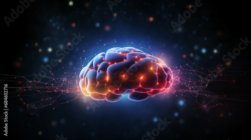 Electronic brain with connection line on dark background