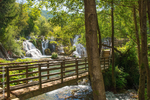 Milancev Buk waterfall at Martin Brod in Una-Sana Canton, Federation of Bosnia and Herzegovina. Located within the Una National Park, it is also known as Veliki Buk or Martinbrodski