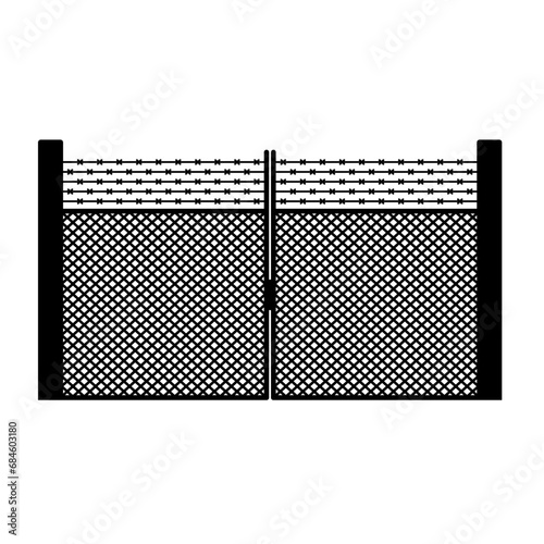 Military gate silhouette icon vector. Barbed wire gate silhouette can be used as icon, symbol or sign. Barbed wire gate icon vector for design of military base