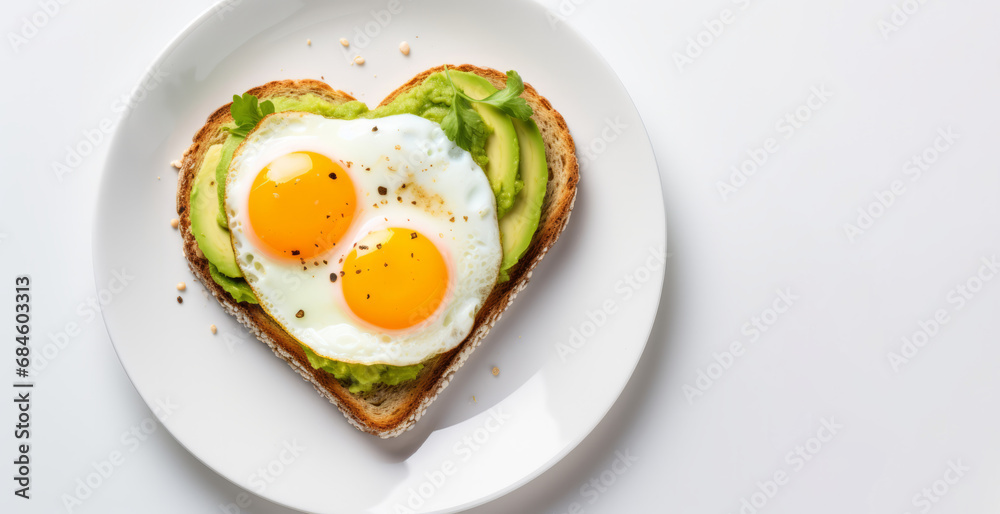 A fried egg with avocado on a heart shaped slice of toast A fried egg with avocado on a heart shaped slice of toast
