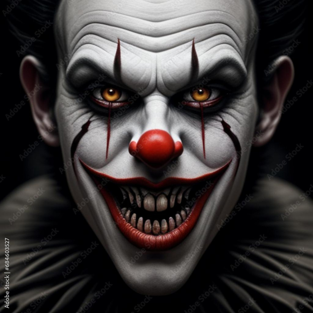 Atmospheric portrait of a sinister scary whiteface circus clown. Generative AI Atmospheric portrait of a sinister scary whiteface circus clown. Generative AI