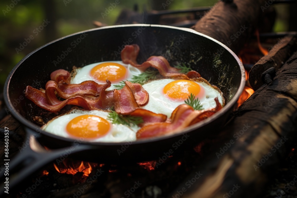 Breakfast with bacon and eggs in a cast-iron frying pan Breakfast with bacon and eggs in a cast-iron frying pan