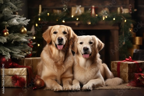 Two Labradors are lying near the Christmas tree