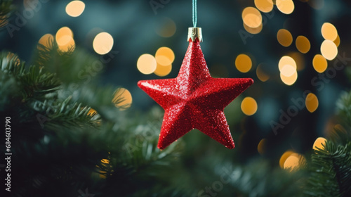 red christmas star on the Christmas tree background