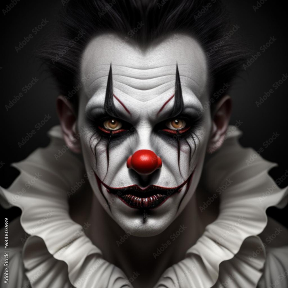 Atmospheric portrait of a sinister scary whiteface circus clown. Generative AI Atmospheric portrait of a sinister scary whiteface circus clown. Generative AI