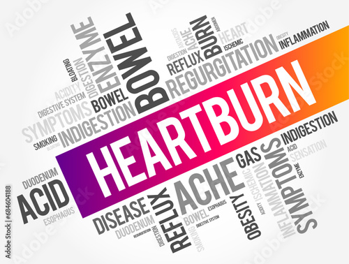 Heartburn is a burning feeling in the chest caused by stomach acid travelling up towards the throat, word cloud concept background