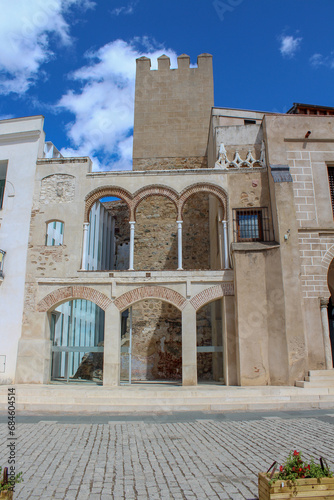 Badajoz, Spain, September 10, 2021: The Consistorial House of Badajoz in the High Square (Plaza Alta). The Plaza Alta was the center of the city since it exceeded the limits of the Muslim citadel.
