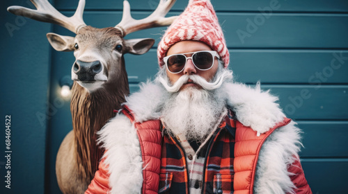 Modern hipster Santa Claus with fluffy deer on blue background