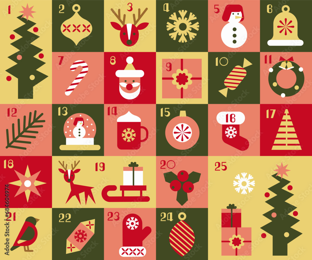 Christmas Advent calendar with geometric elements and decoration. Christmas poster.