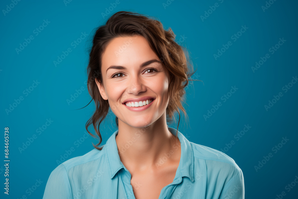 smiling European woman in her 30s. sky blue background smiling European woman in her 30s. sky blue background