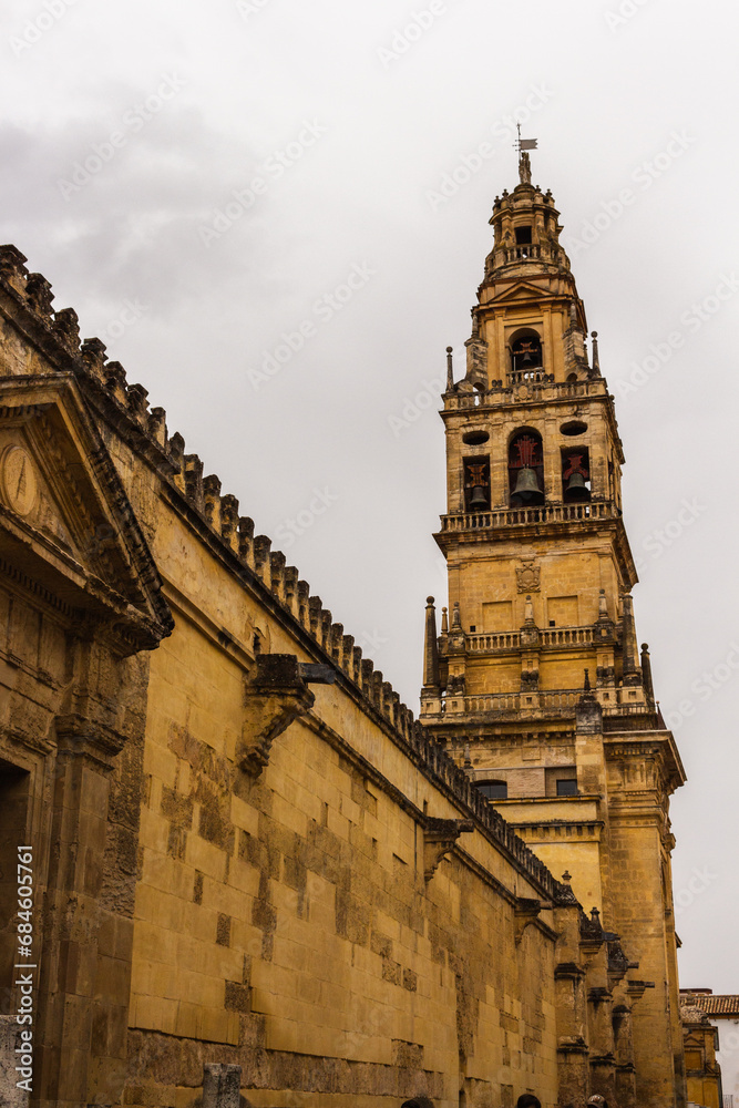 Cordoba, Spain, September 13, 2021: The Torre Campanario or Bell Tower  of the Mezquita-Catedral de Córdoba or the Mosque–Cathedral of Córdoba.