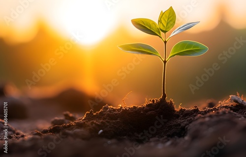 young tree plant growth in soil sunrise