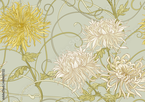 Chrysanthemum decorative flowers and leaves in art nouveau style, vintage, old, retro style. Seamless pattern, background. Vector illustration.