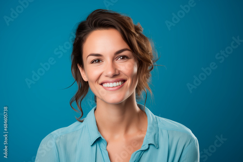 smiling European woman in her 30s. sky blue background