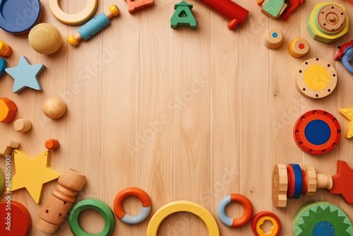 Top view of kids toys frame on wooden background with copy space. photo