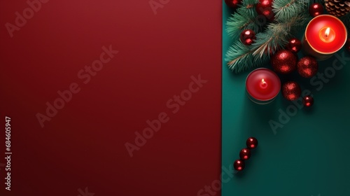 Christmas background with christmas tree decorations  balls  candle on red and green. Top view. 
