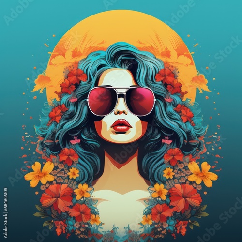 Illustration of a woman wearing glasses, a flower crown, floral decorations, retro and vintage style, suitable for wall decoration, print design, and art poster