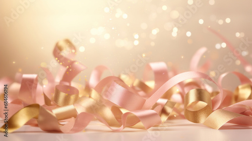 Confetti of golden and pastel pink ribbons on a golden bokeh background. Valentine's day backdrop