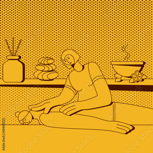 Sketch of traditional wellness back and neck massage with professional massage therapist in spa. Isolated vector illustration in retro style.