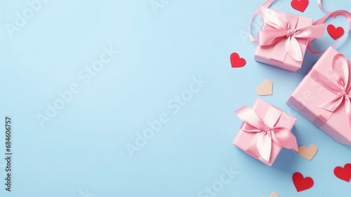 Pink gift boxes with hearts on blue background