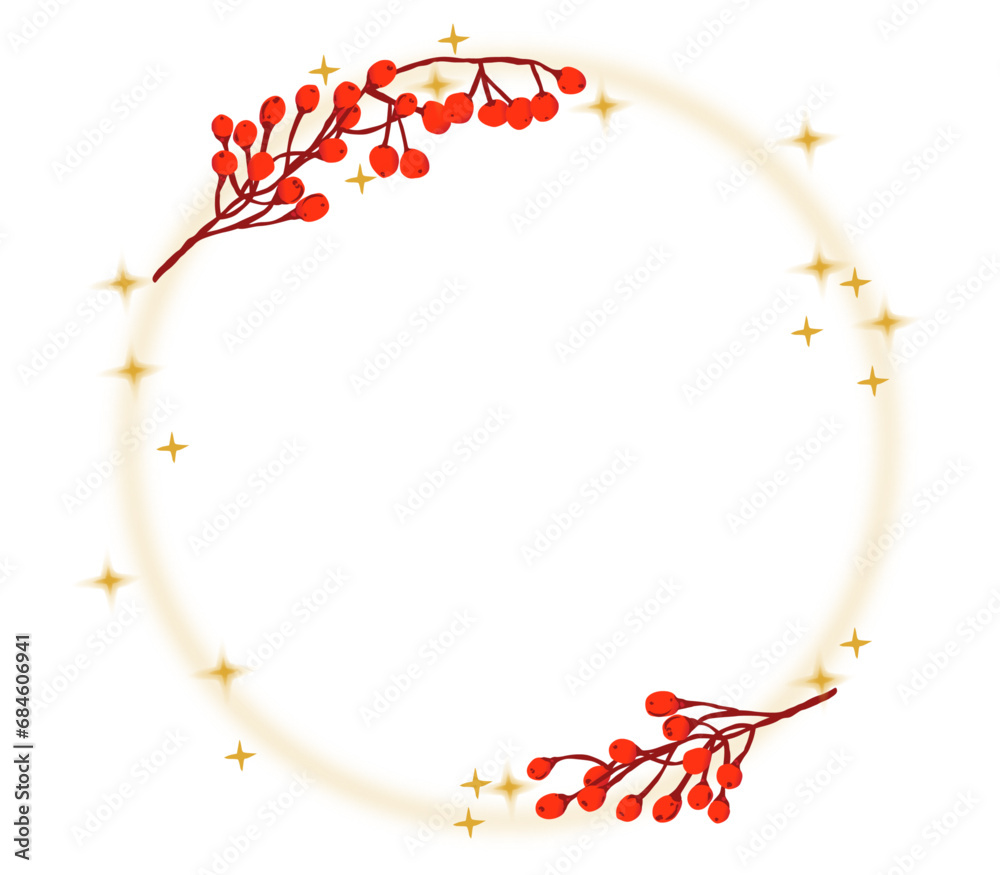Ilustración de corona de naturaleza navideña, con espacio para texto con fondo blanco. Ramitas con frutos rojos y estrellas doradas con destellos - obrazy, fototapety, plakaty 