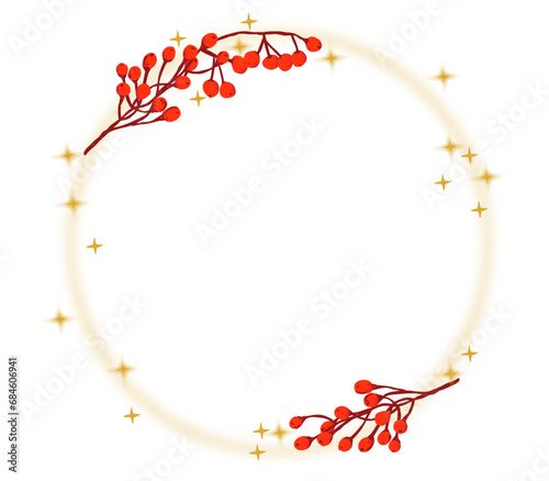 Ilustración de corona de naturaleza navideña, con espacio para texto con fondo blanco. Ramitas con frutos rojos y estrellas doradas con destellos