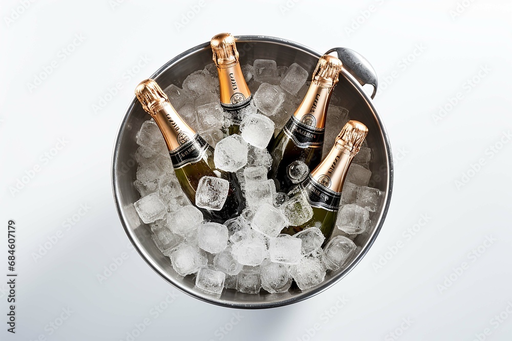 Overhead view of bottle of champagne in a metal ice bucket Overhead view of bottle of champagne in a metal ice bucket