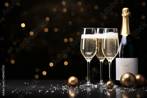  Glasses of champagne and golden decorative balls on white background.