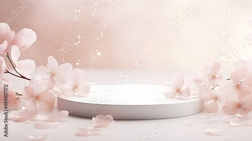 Empty stone pedestal with spring petals background. Modern product display. Minimal mockup template. © Premium_art