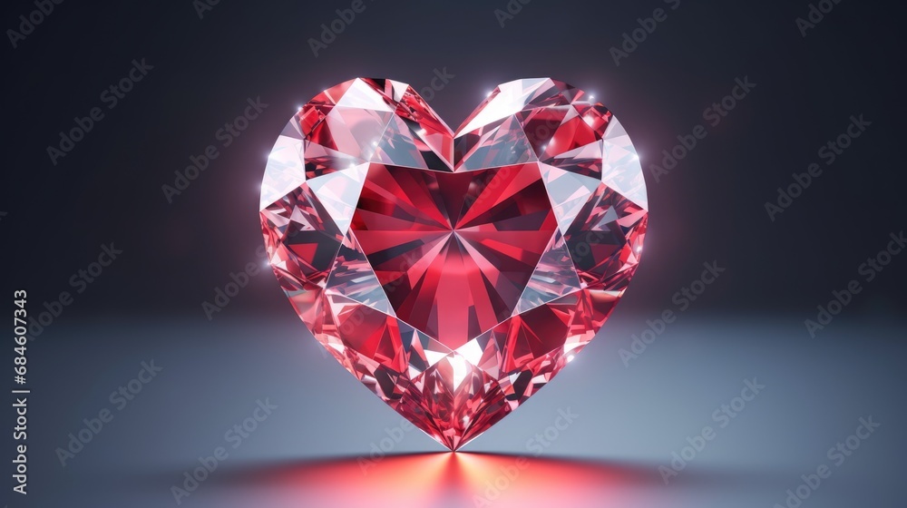 Red Crystal heart background. Happy Valentines Day, wedding concept. Symbol of love. Diamond gemstones crystalline hearts semi precious jewelry. For greeting card, banner, flyer, party invitation..