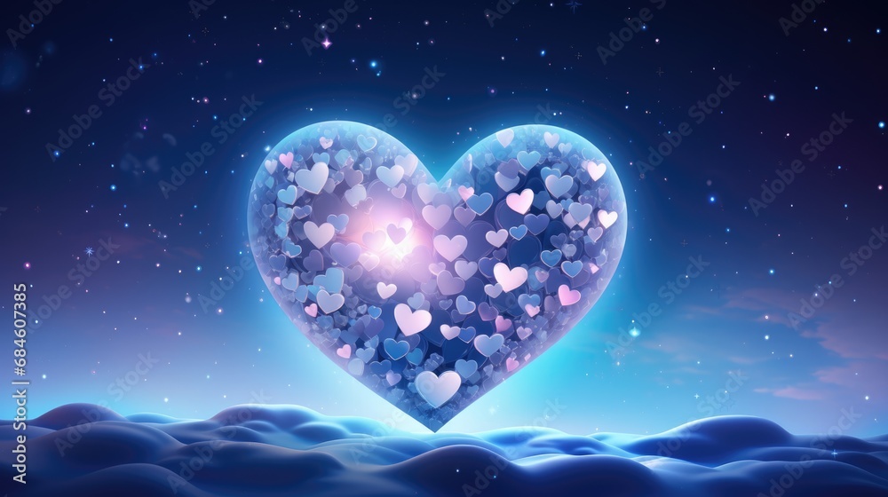 Obraz premium Galaxy cosmic heart background. Bright stars night&nbsp;sky, romantic magic&nbsp;night, love and Valentine’s day card. Abstract Milky Way colorful cosmos illustration with glowing hearts. .