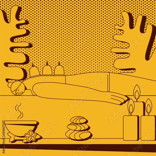 Sketch of wellness cupping vacuum back massage. Isolated vector illustration in retro style.