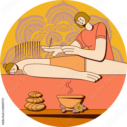 Needle Acupuncture Treatment with professional acupuncturist in spa. Chinese acupressure. Isolated flat vector illustration in circle shape.