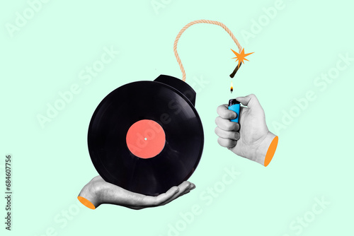 Creative collage poster banner of vinyl record bomb with huge music explosion ignite by lighter
