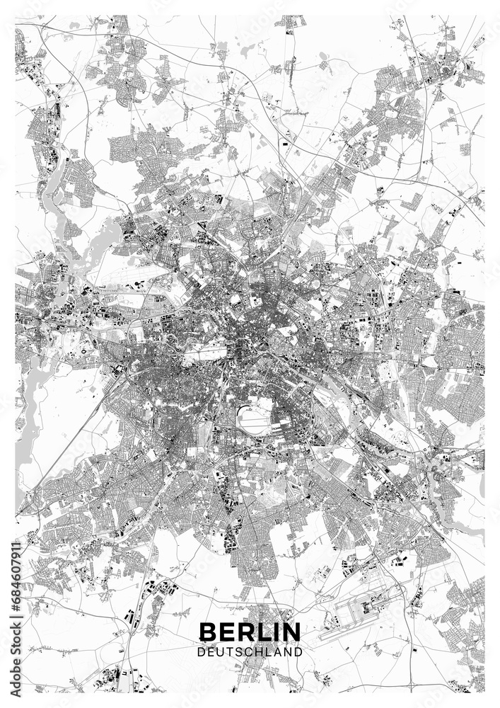 Berlin map. Detailed light map poster of Berlin (Germany). Scheme of the city with roads, highways, railways, buildings, rivers etc.