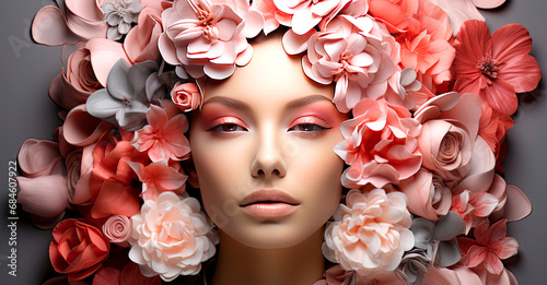 Fototapeta Naklejka Na Ścianę i Meble -  Fashion concept web banner - woman with creative makeup in pink colors surrounded by flowers