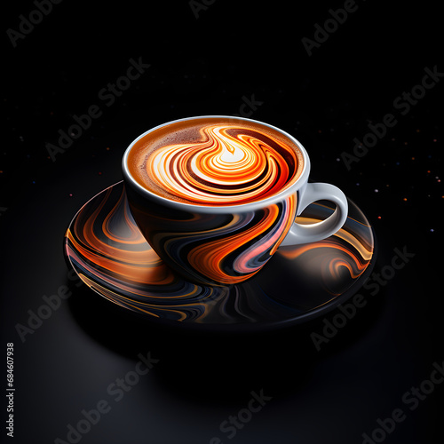 Black coffee cup with a latte art pattern