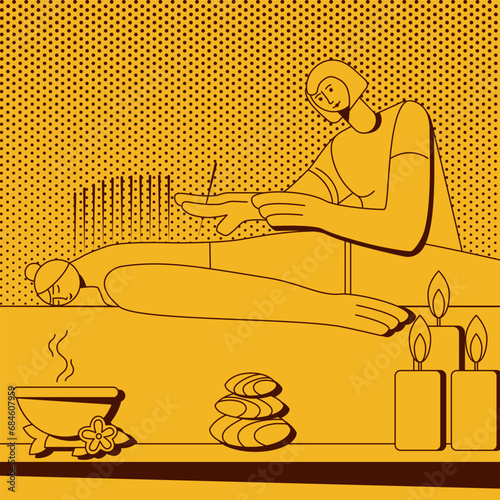 Sketch of  Needle Acupuncture Treatment with professional acupuncturist in spa. Isolated vector illustration in retro style.