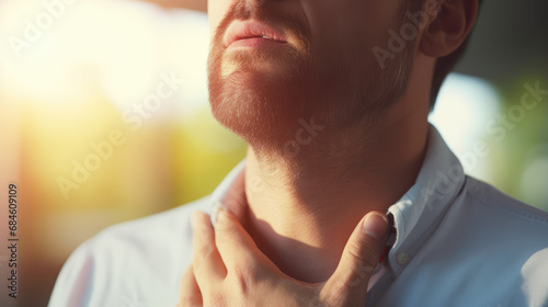 Man with sore throat or neck. Cold, cough, acute respiratory infection. Source of sore throat, seasonal illness. photo