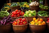 A vibrant farmers market scene with various fruits and vegetables neatly arranged in baskets.