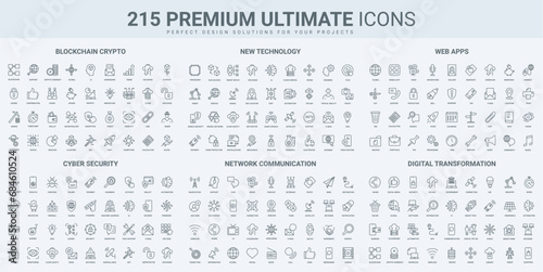 Digital data transform, new technology and engineering, blockchain thin black line icons set vector illustration. Outline symbols of decentralized information system and cloud access protection