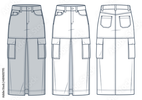 Cargo midi Skirt technical fashion illustration. Denim Skirt fashion flat technical drawing template, front slit, midi length, pockets, zipper, front and back view, white, grey, women CAD mockup set.