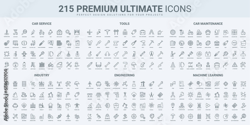 Car repair and maintenance service, industry and engineering system thin black line icons set vector illustration. Outline symbols of engineer, toolbox of repairman, AI manufacturing technology