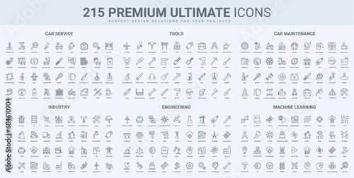 Car repair and maintenance service, industry and engineering system thin black line icons set vector illustration. Outline symbols of engineer, toolbox of repairman, AI manufacturing technology