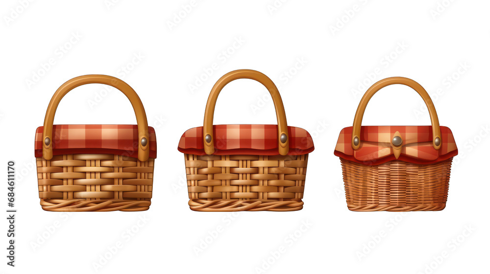 Set of Picnic Baskets Isolated on Transparent or White Background, PNG